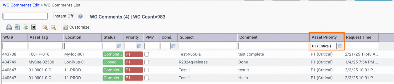 Filtering Work Order Data by Asset Priority